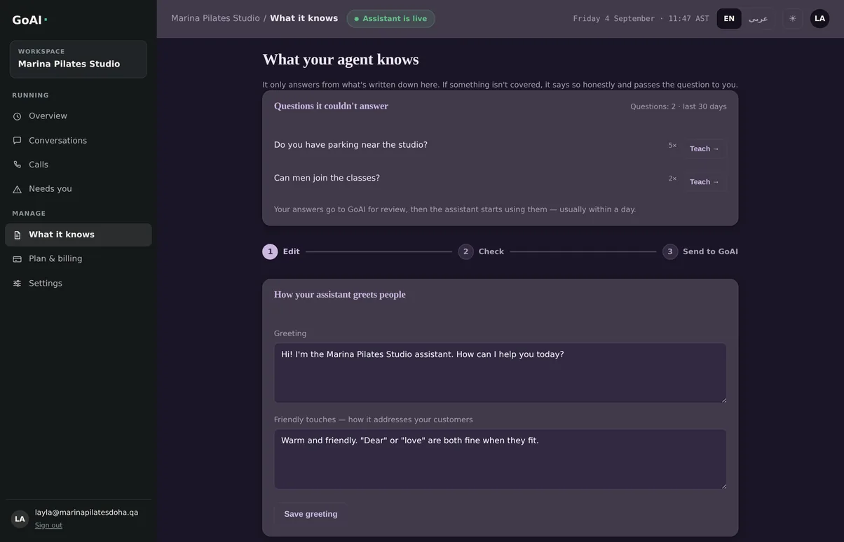 GoAI client portal showing prices and timetable
